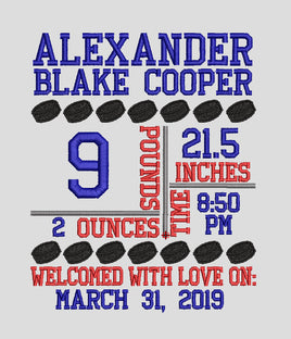 Hockey Birth Announcement Template for 5x7 Hoop